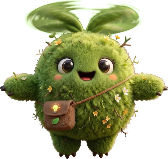 Mo, a small round creature made of moss, hovering with its leafy ears spinning like a propeller.