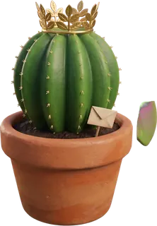 A round cactus wearing a tiny golden crown, with a little envelope tucked in the pot.