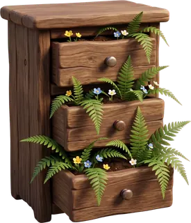 An old wooden chest of drawers with ferns growing out of every drawer.