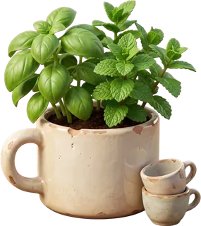 Fresh basil growing out of a chipped coffee mug, two little cups beside it.