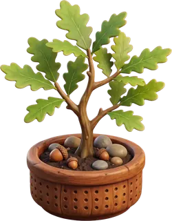 A small leafy tree growing among pebbles in a terracotta bowl.