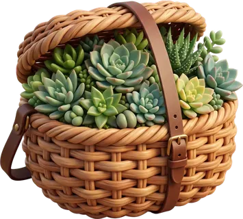 A woven picnic basket packed full of succulents.