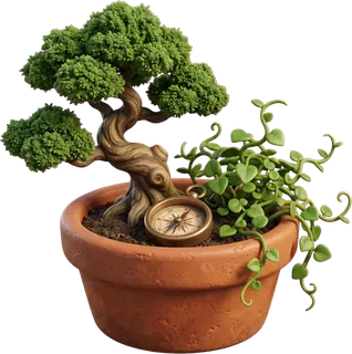 A small bonsai with a pocket watch resting against its pot.