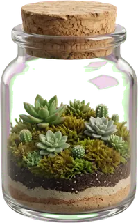 A corked glass jar with a tiny succulent terrarium inside.