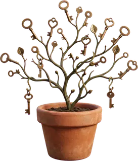 A little bare tree in a pot with old brass keys hanging from its branches.