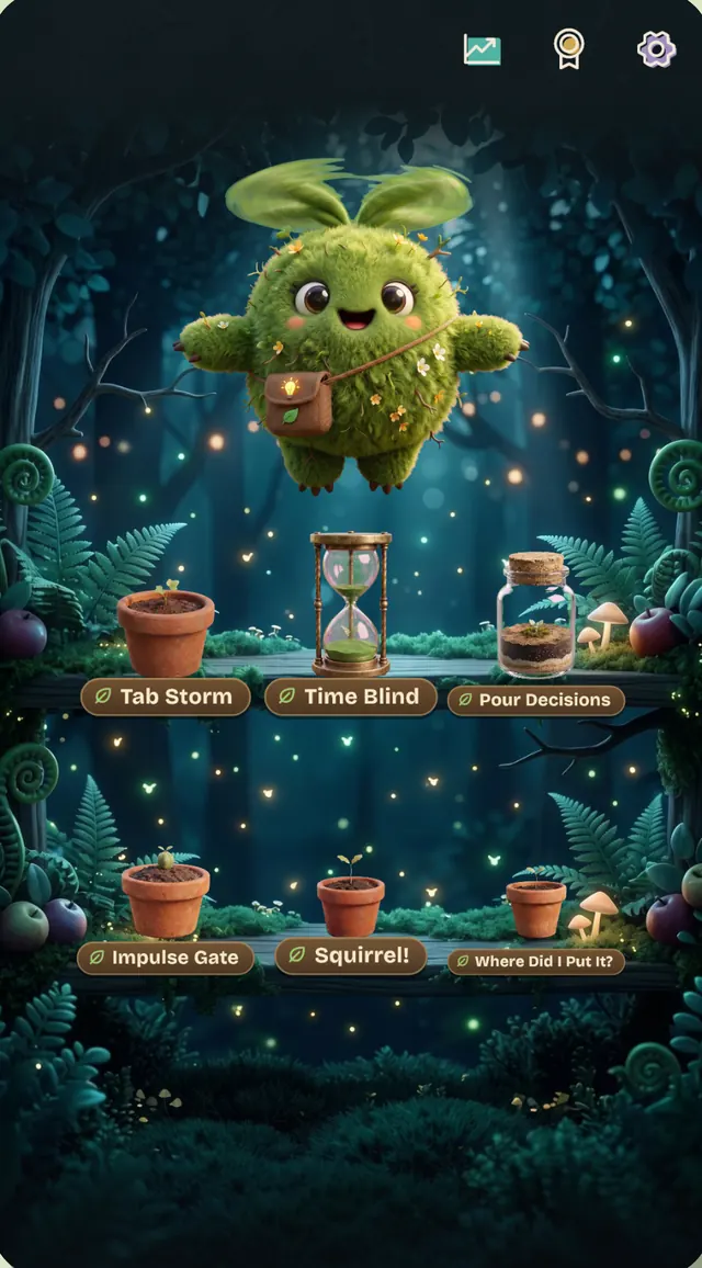 Mossy home screen: Mo floats above two wooden shelves in a night forest. Each shelf holds potted plants labelled Tab Storm, Time Blind, Pour Decisions, Impulse Gate, Squirrel! and Where Did I Put It?