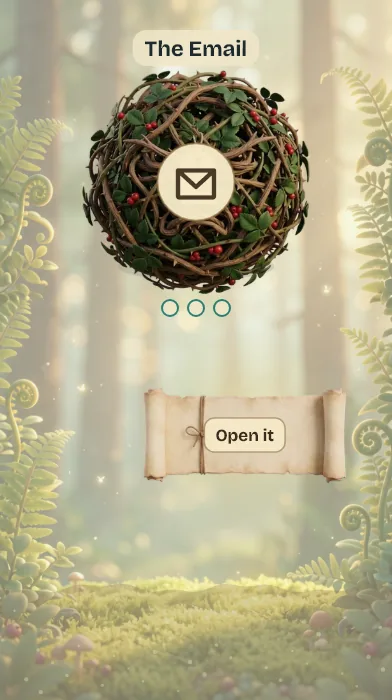 Boss Fight: The Email: a thorny bramble wrapped around an envelope, with a scroll button that says Open it.