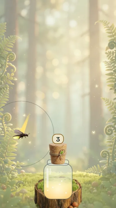 Follow the Firefly: a firefly glows over a sunny forest floor next to a glass jar on a tree stump.