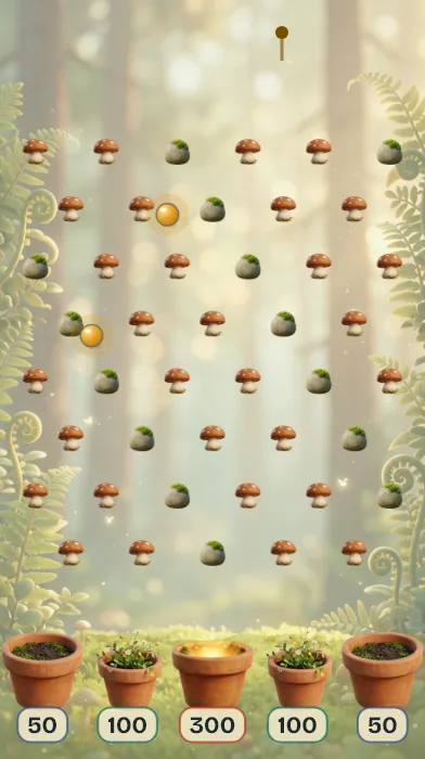 Pachinko Calm: rows of mushroom and pebble pegs above five flower pots worth 50, 100, 300, 100 and 50.
