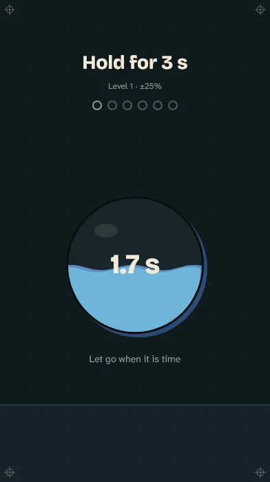 Time Blind: Hold for 3 s. A round orb fills with blue as you hold it, showing 1.7 s.