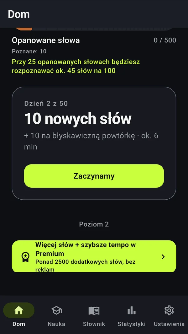 Ekran Dom: karta Dzień 2 z 50, 10 nowych słów, przycisk Zaczynamy.