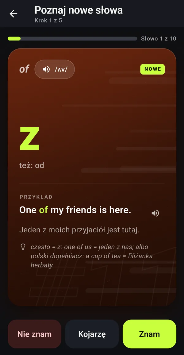 Odwrócona fiszka: of znaczy z, z wymową i zdaniem przykładowym One of my friends is here.