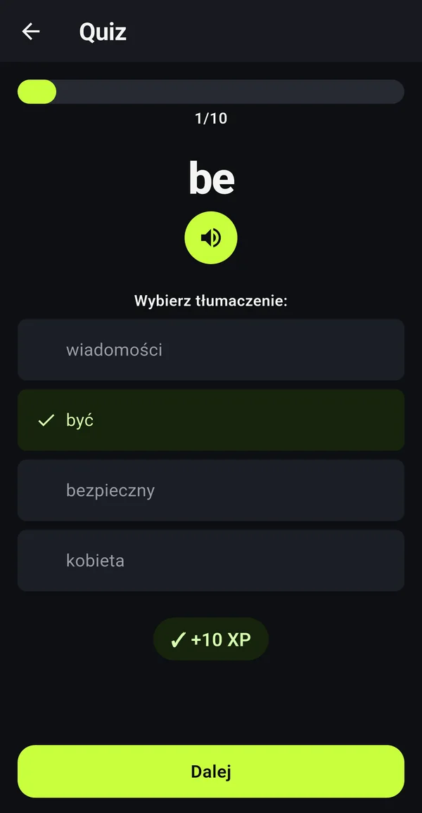 Quiz: słowo be i cztery tłumaczenia do wyboru, poprawna odpowiedź być, plus 10 XP.